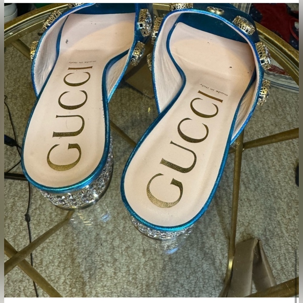 Gucci Metallic Blue Embellished Mules - Picture 6 of 11